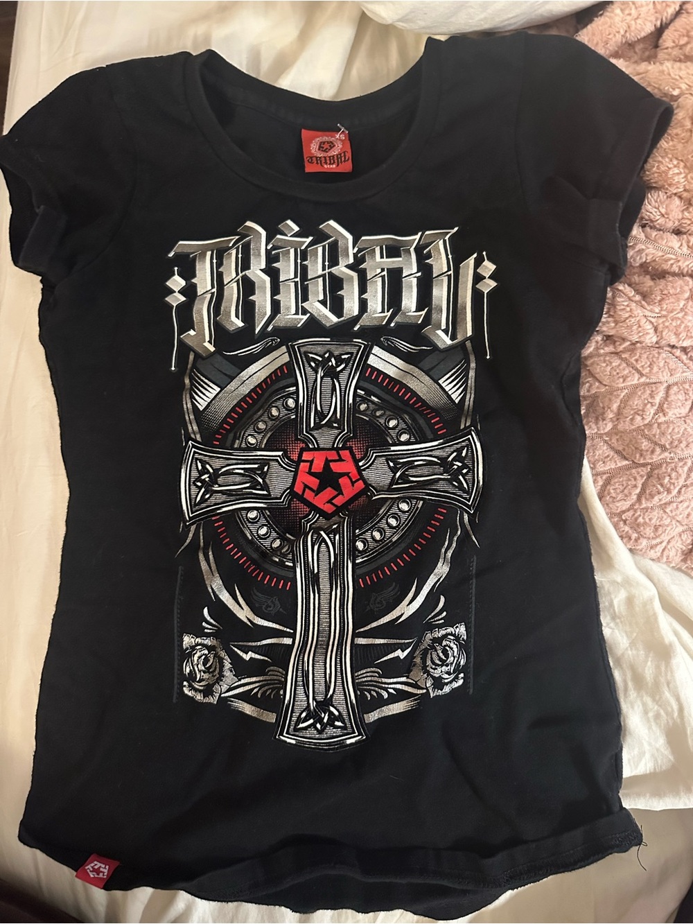 Tribal Black Tee with Silver Cross and Red Emblem
